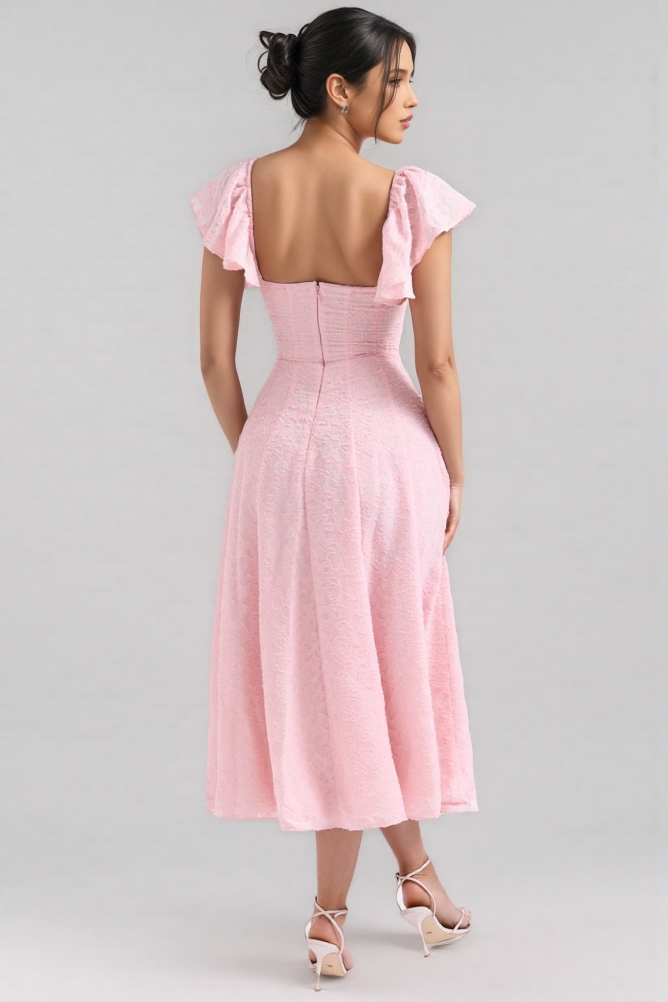 Floral Jacquard Sweetheart Neck Flutter Sleeve Fit and Flare Midi Dress