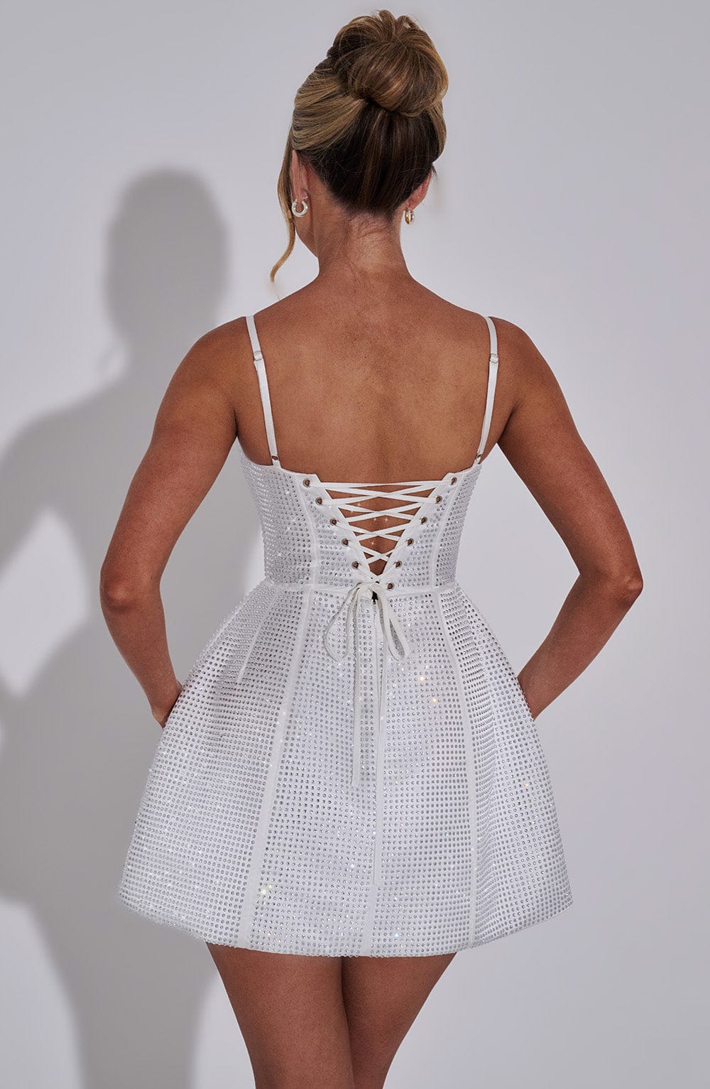 Rhinestone Embellished Square Neck Spaghetti Strap Flared Mini Dress 9