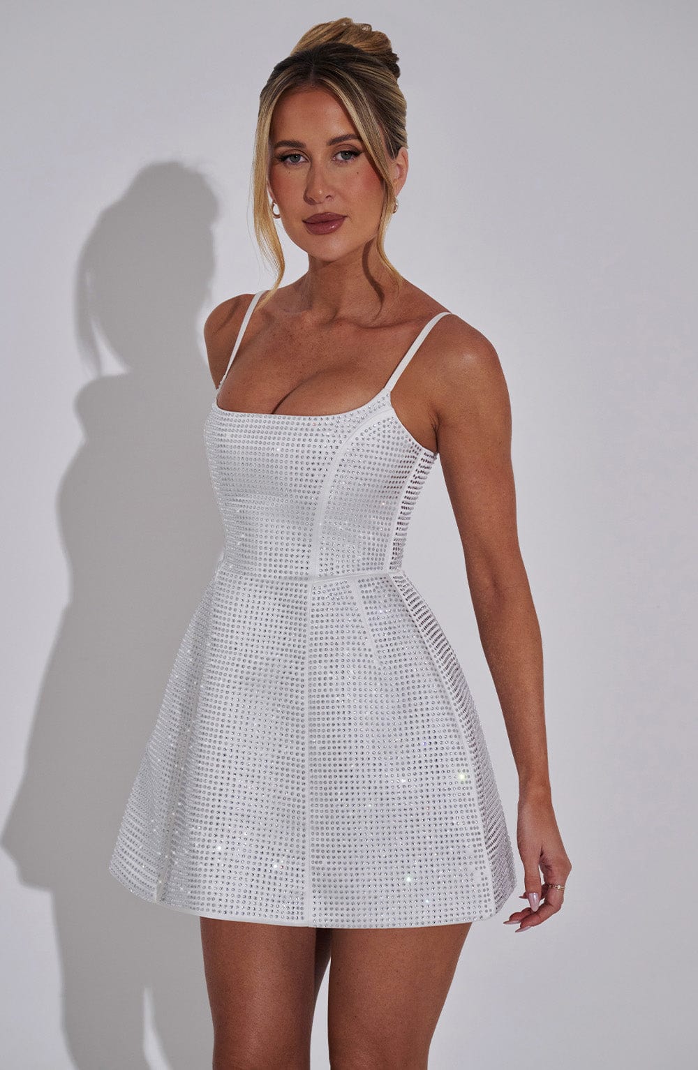 Rhinestone Embellished Square Neck Spaghetti Strap Flared Mini Dress 8