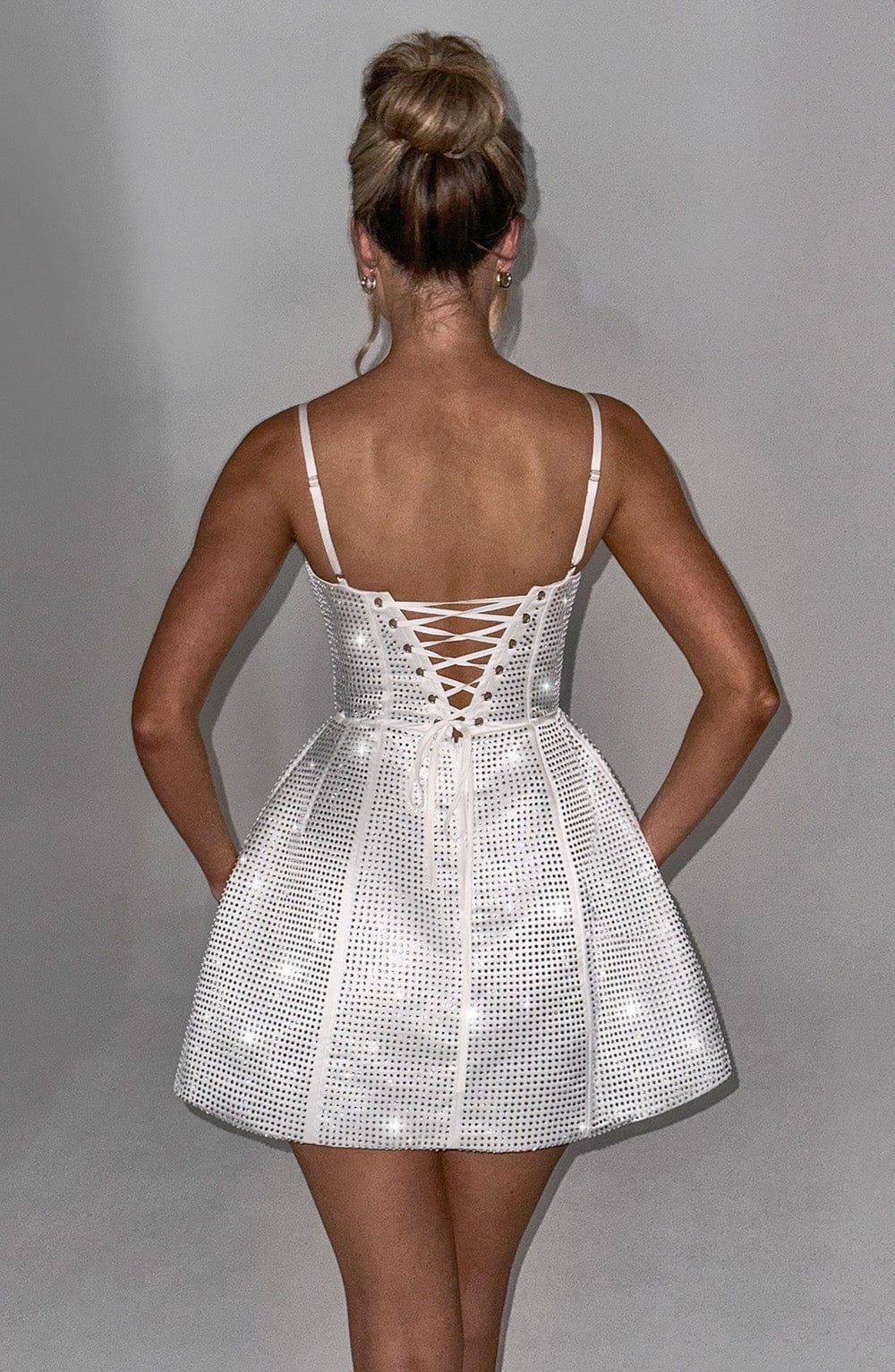 Rhinestone Embellished Square Neck Spaghetti Strap Flared Mini Dress 2