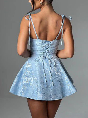 Jacquard Cowl Neck Tie Bow Shoulder Strap Fit and Flare Mini Dress