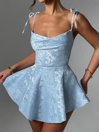 Jacquard Cowl Neck Tie Bow Shoulder Strap Fit and Flare Mini Dress