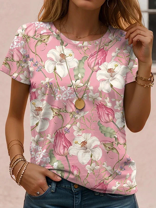 Floral Print Round Neck Short Sleeve Top