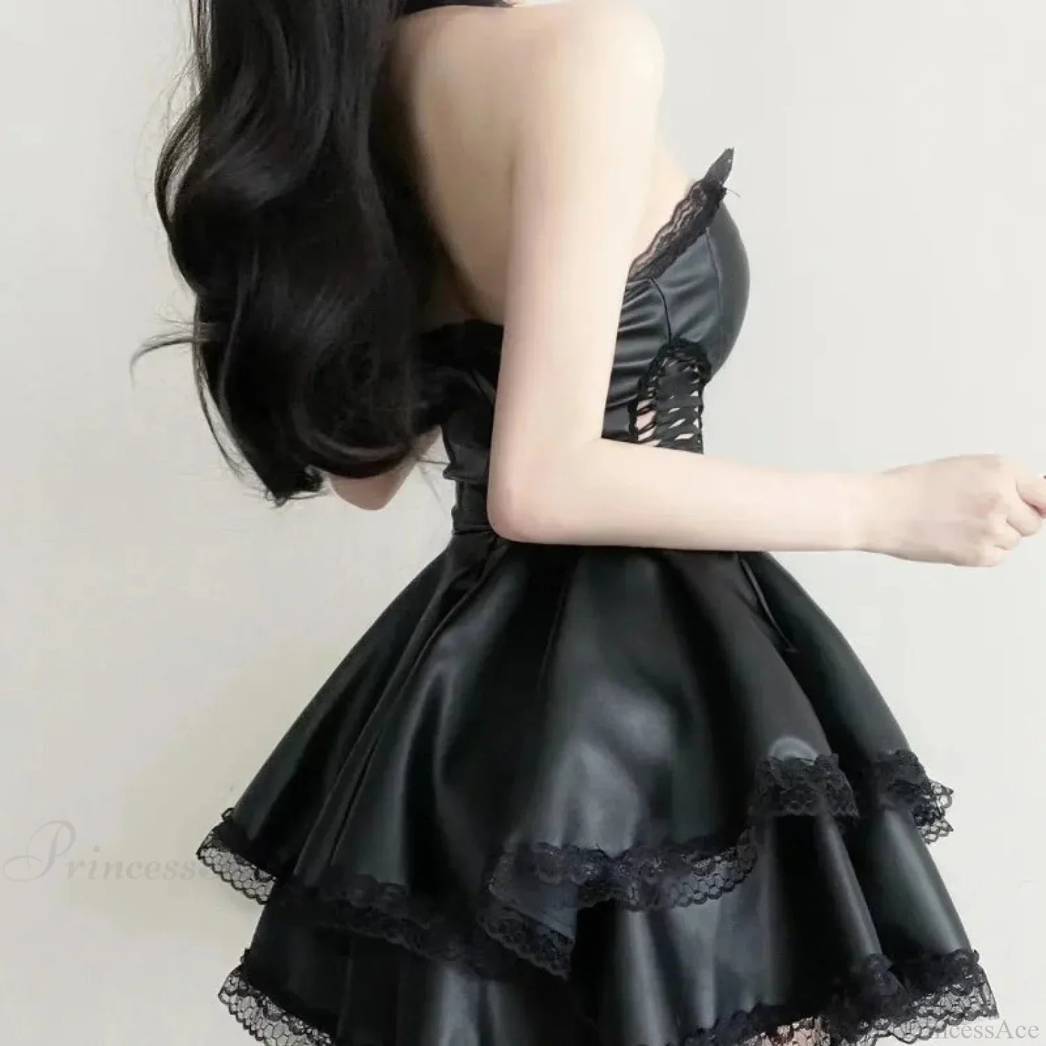 Faux Leather Strapless Lace Up Lace Trim A-Line Mini Dress