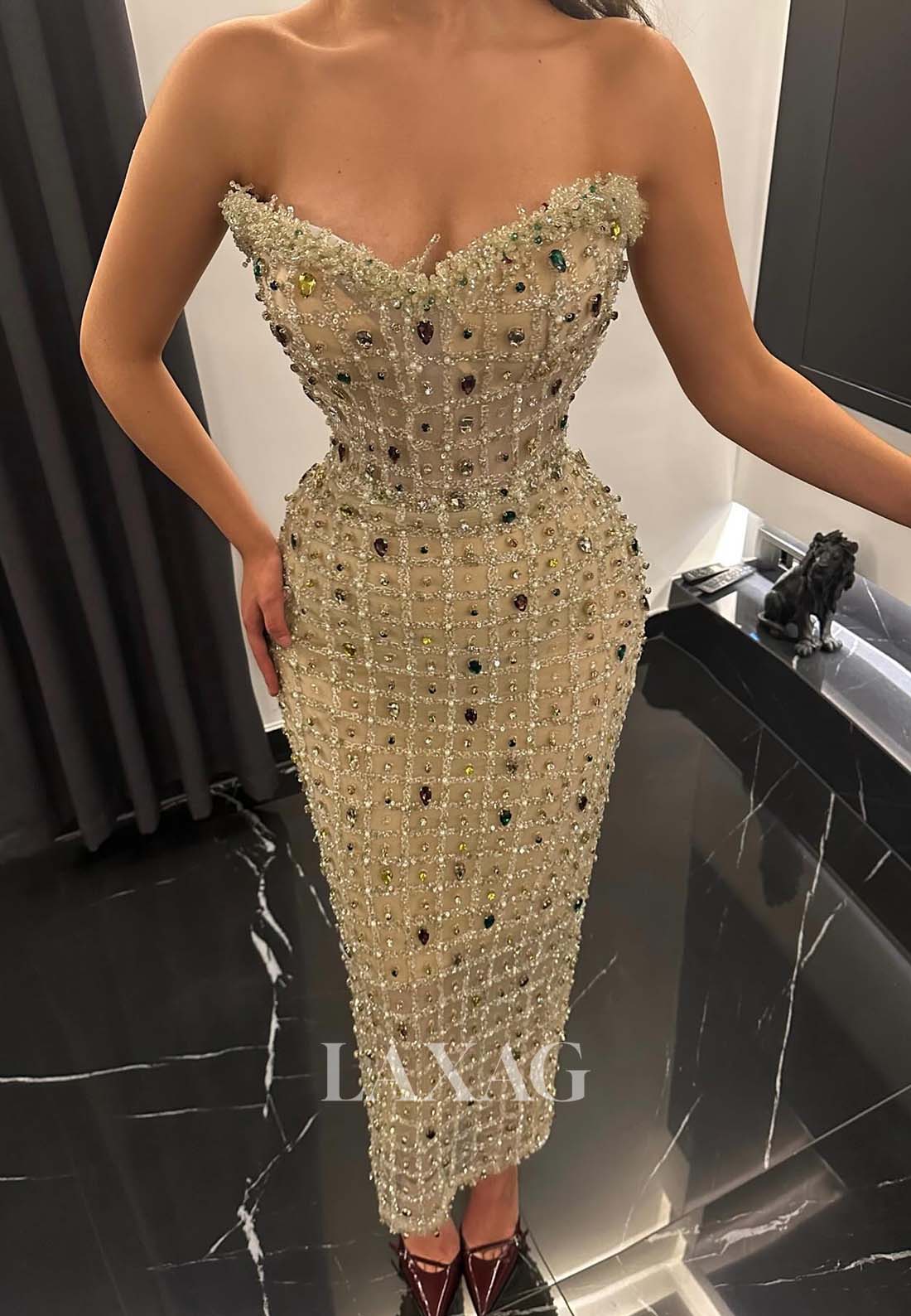Sweetheart Sleeveless Tea-Length Mermaid Prom Dress Off-Shoulder Rhinestone Beaded Formal Gowns