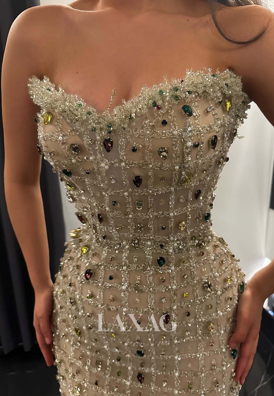 Sweetheart Sleeveless Tea-Length Mermaid Prom Dress Off-Shoulder Rhinestone Beaded Formal Gowns