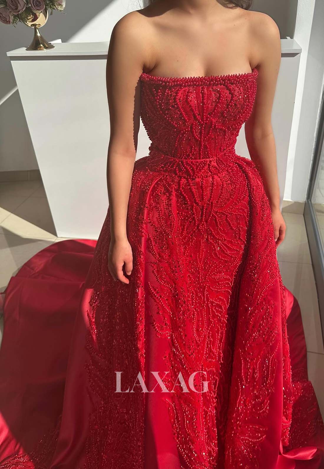 Tube Top Sleeveless Fully Beaded A-Line Prom Dress Off-Shoulder Pleated Sweep Train Formal Gowns