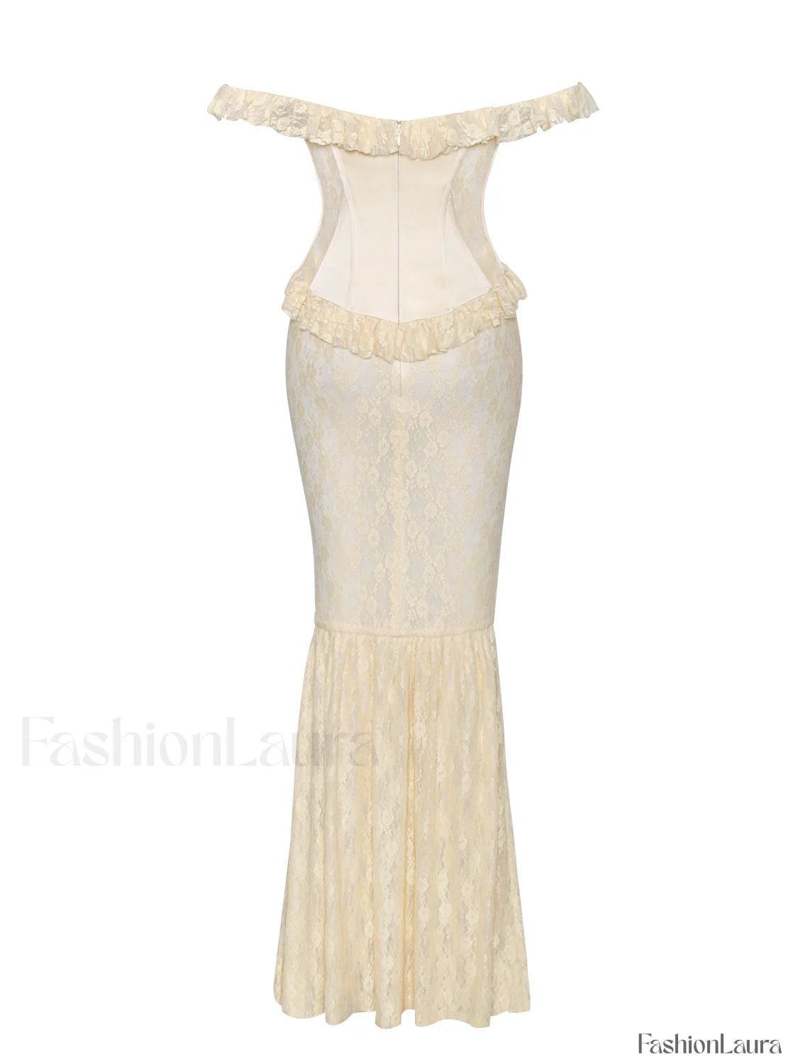 Ersilia Pale Yellow Satin Lace Trendy Peplum Corset Off Shoulder Maxi Dress