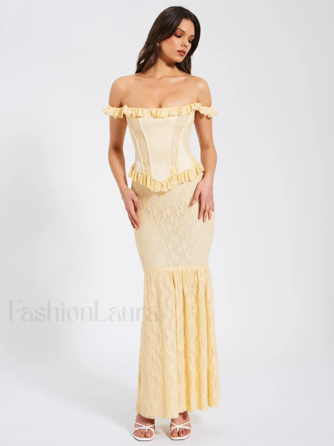 Ersilia Pale Yellow Satin Lace Trendy Peplum Corset Off Shoulder Maxi Dress