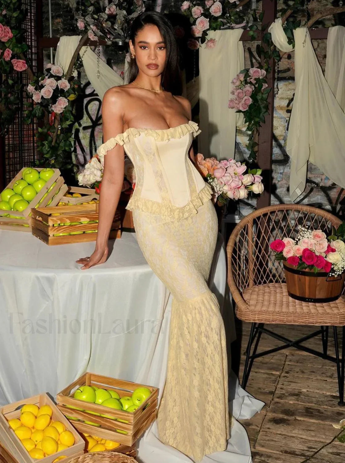 Ersilia Pale Yellow Satin Lace Trendy Peplum Corset Off Shoulder Maxi Dress