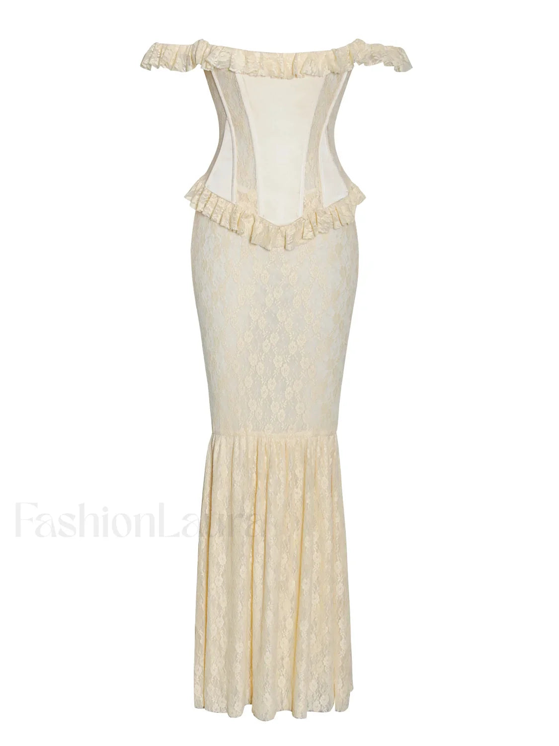 Ersilia Pale Yellow Satin Lace Trendy Peplum Corset Off Shoulder Maxi Dress