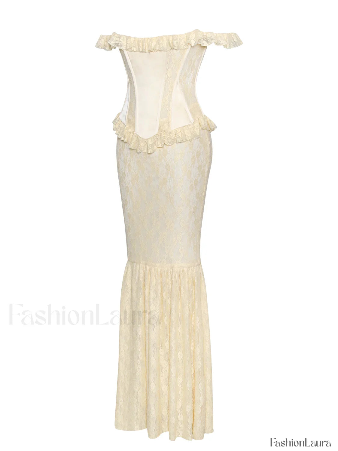 Ersilia Pale Yellow Satin Lace Trendy Peplum Corset Off Shoulder Maxi Dress