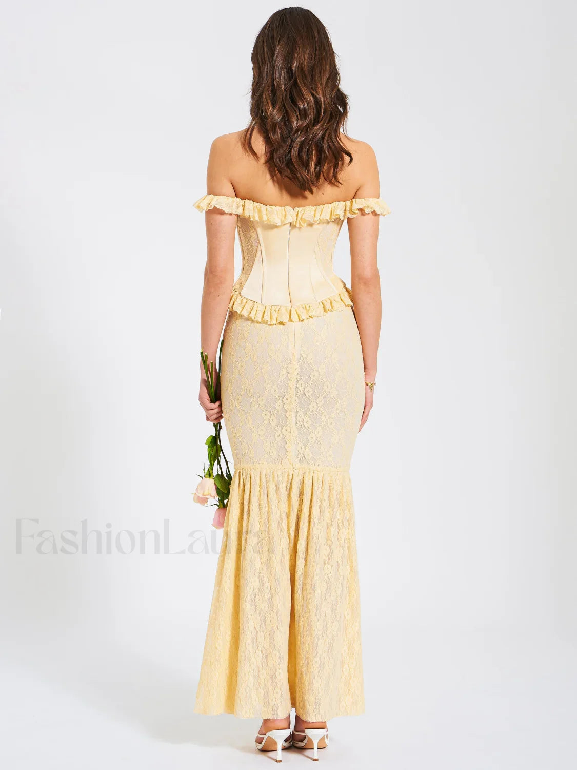 Ersilia Pale Yellow Satin Lace Trendy Peplum Corset Off Shoulder Maxi Dress