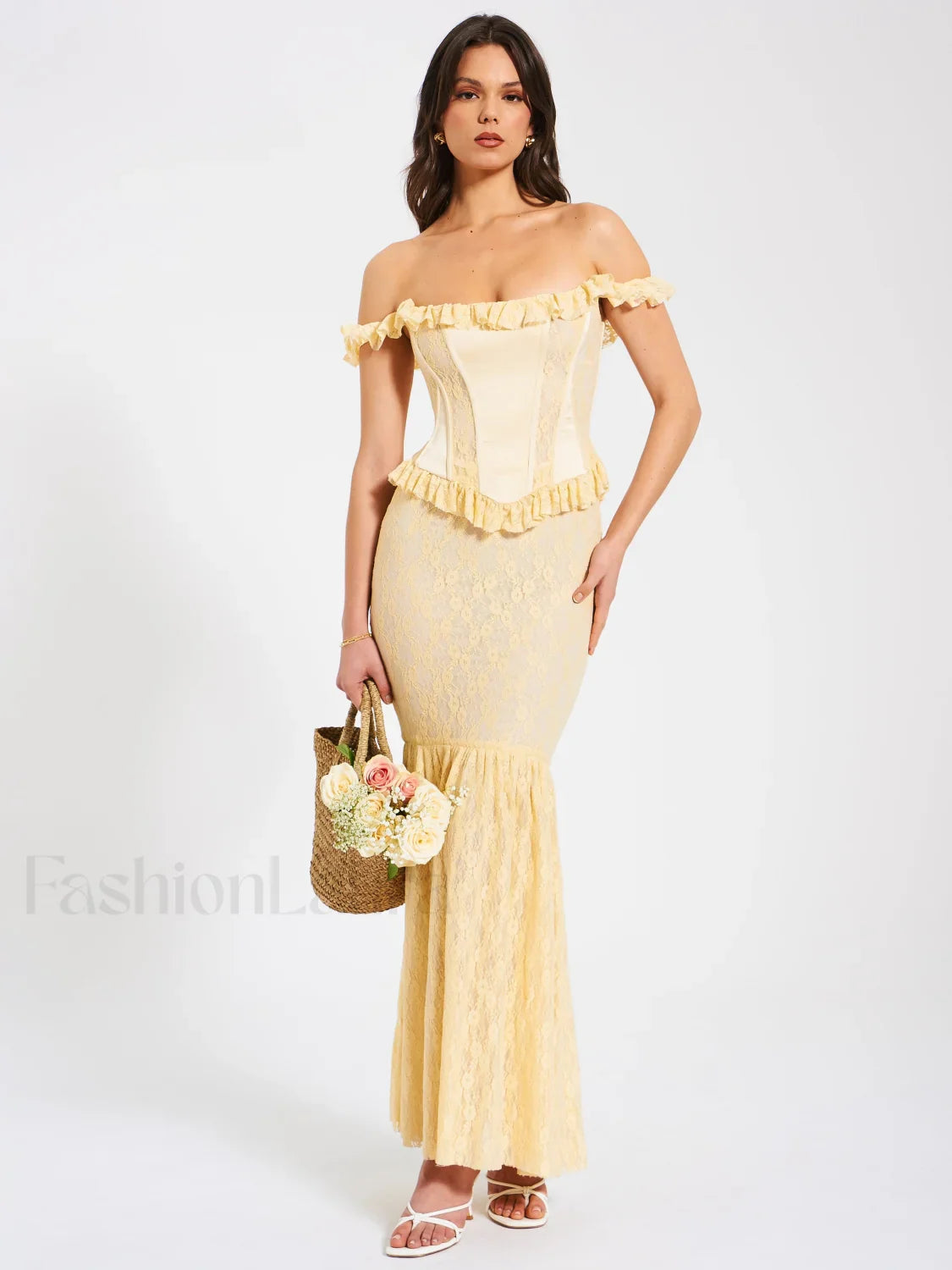 Ersilia Pale Yellow Satin Lace Trendy Peplum Corset Off Shoulder Maxi Dress