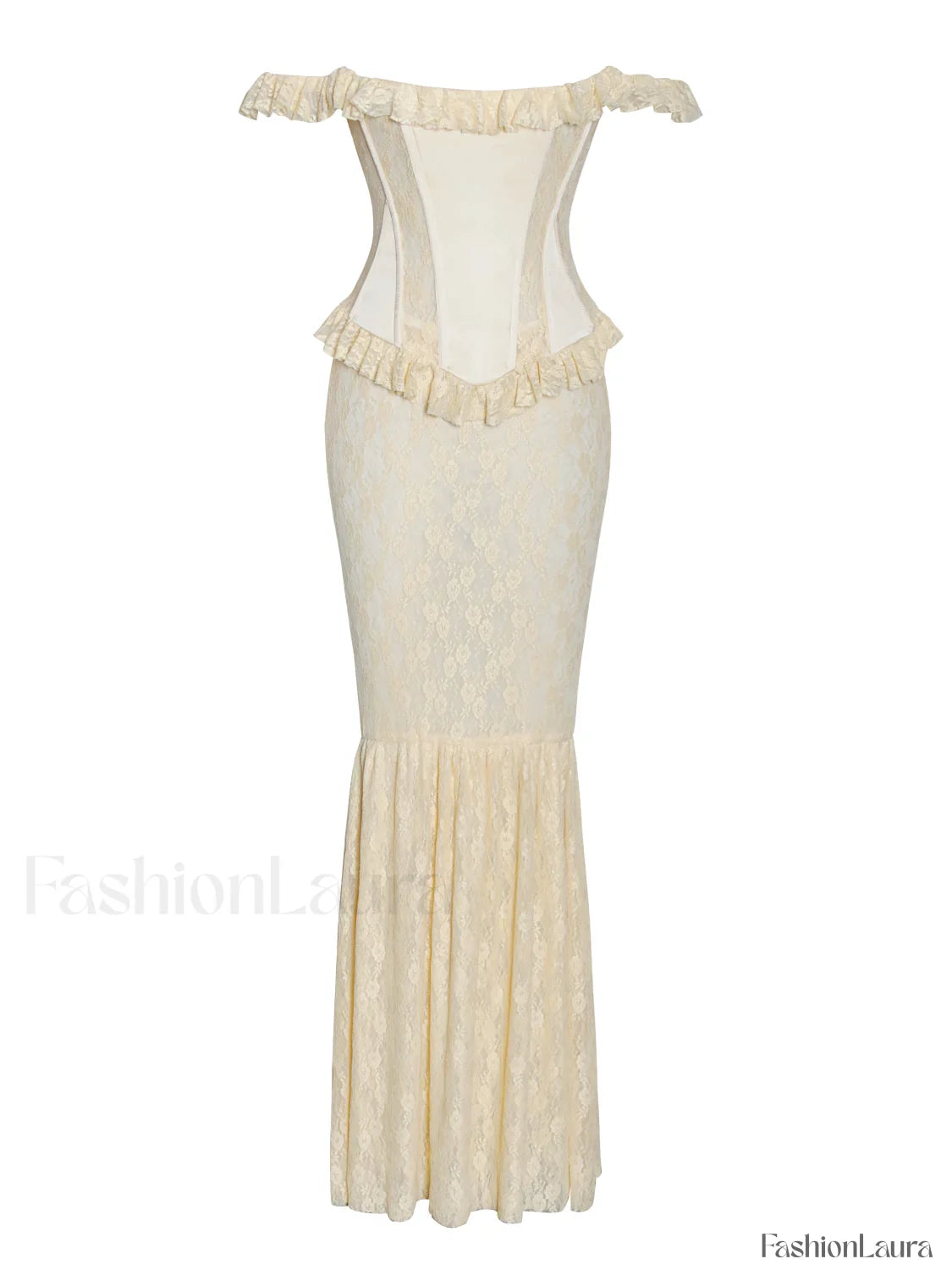 Ersilia Pale Yellow Satin Lace Trendy Peplum Corset Off Shoulder Maxi Dress