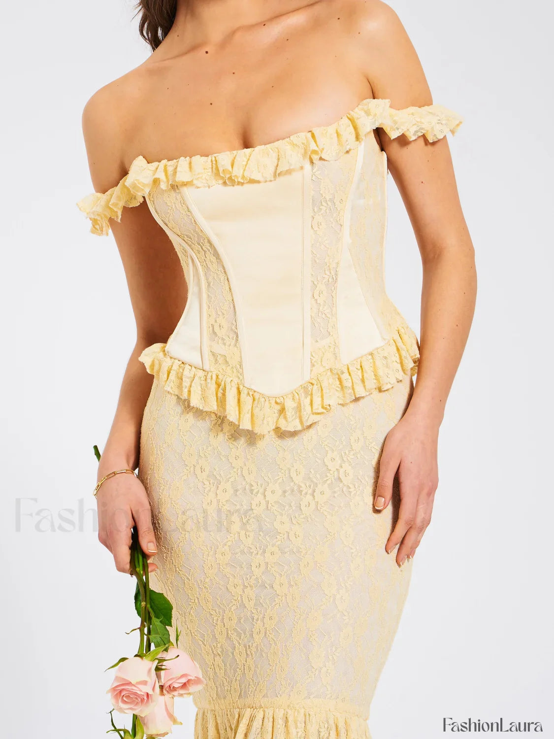 Ersilia Pale Yellow Satin Lace Trendy Peplum Corset Off Shoulder Maxi Dress