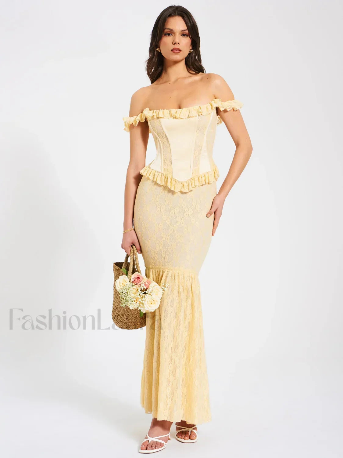 Ersilia Pale Yellow Satin Lace Trendy Peplum Corset Off Shoulder Maxi Dress XXS / US Dresses