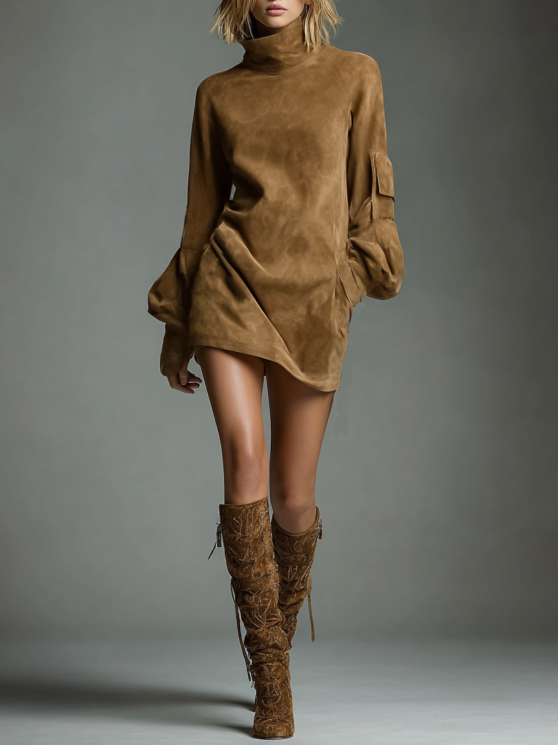 Faux Suede High Neck Long Sleeve Mini Dress
