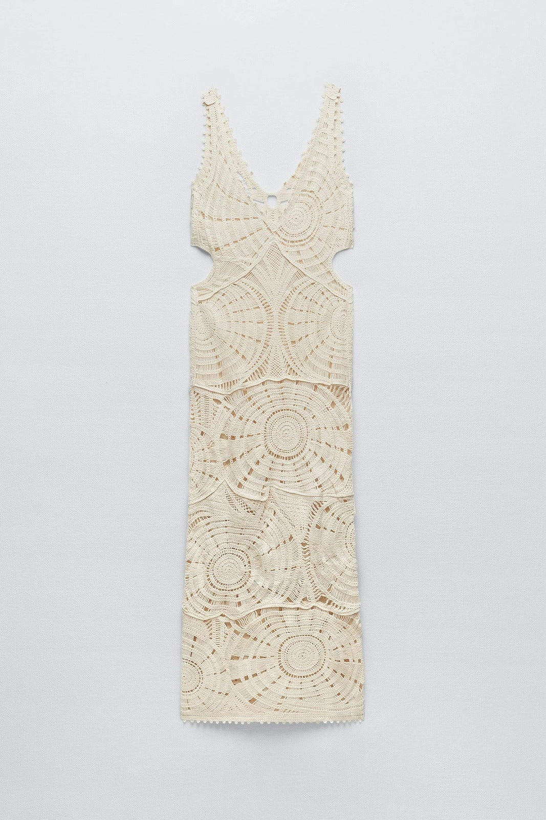 Deep V-Neck Sleeveless Crochet Circular Motif Side Cut Out Maxi Gown