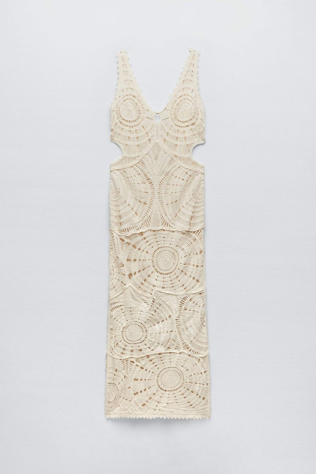 Deep V-Neck Sleeveless Crochet Circular Motif Side Cut Out Maxi Gown