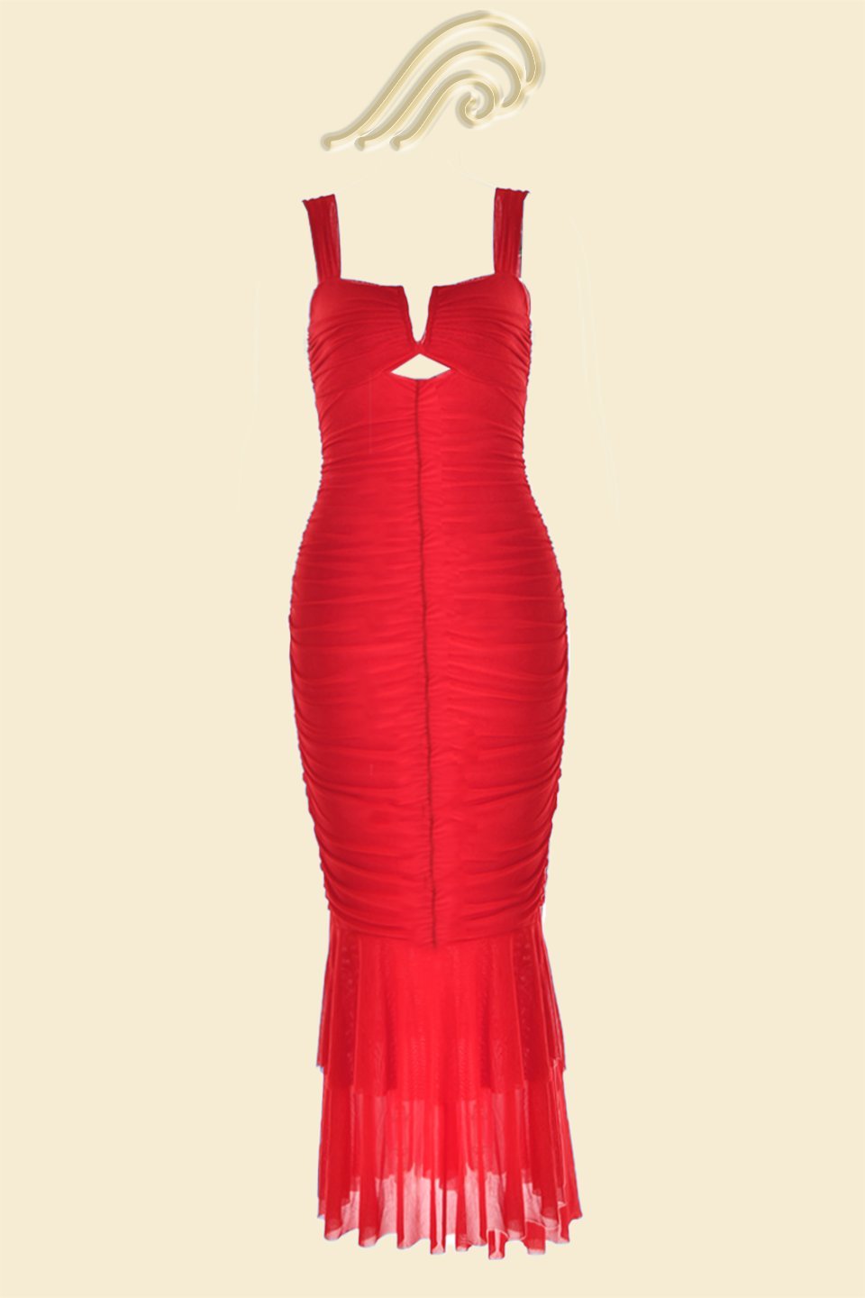 Aesthetic Dulce Flared Ruched Mesh Midi Dress Designer Edit