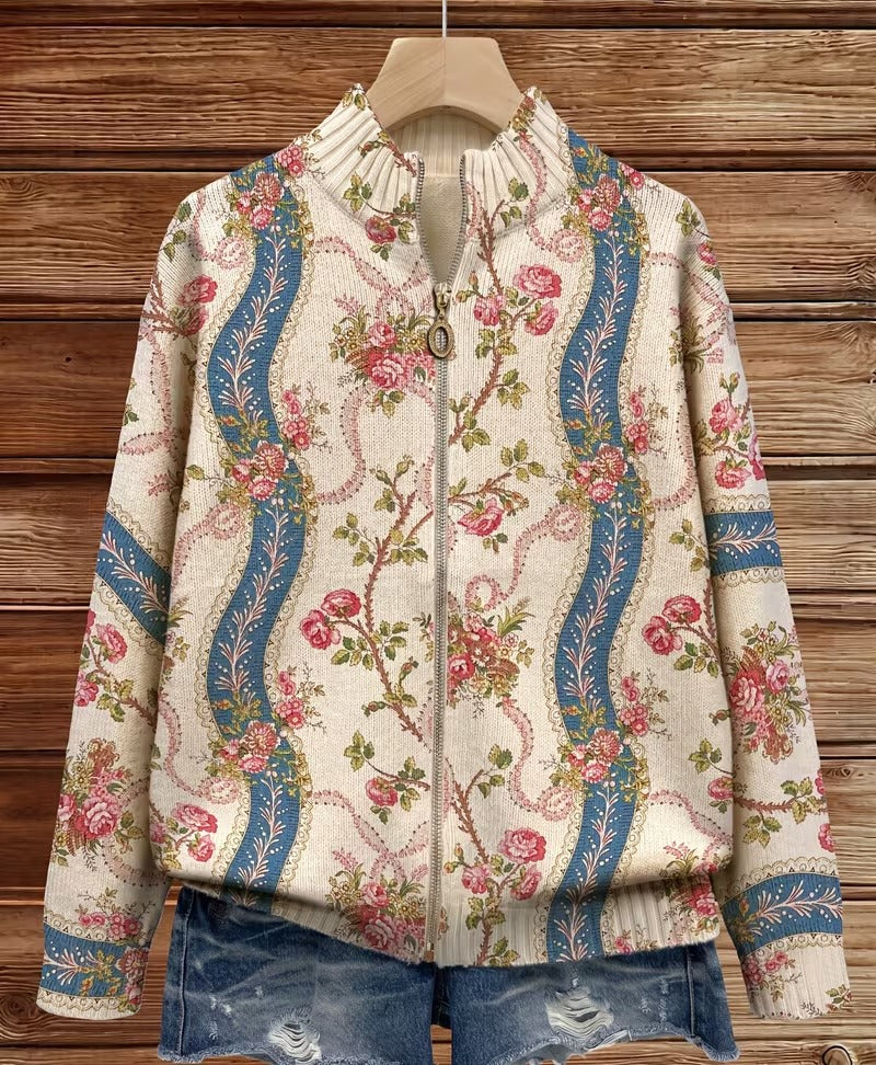 Floral Zip Front Stand Collar Knit Cardigan