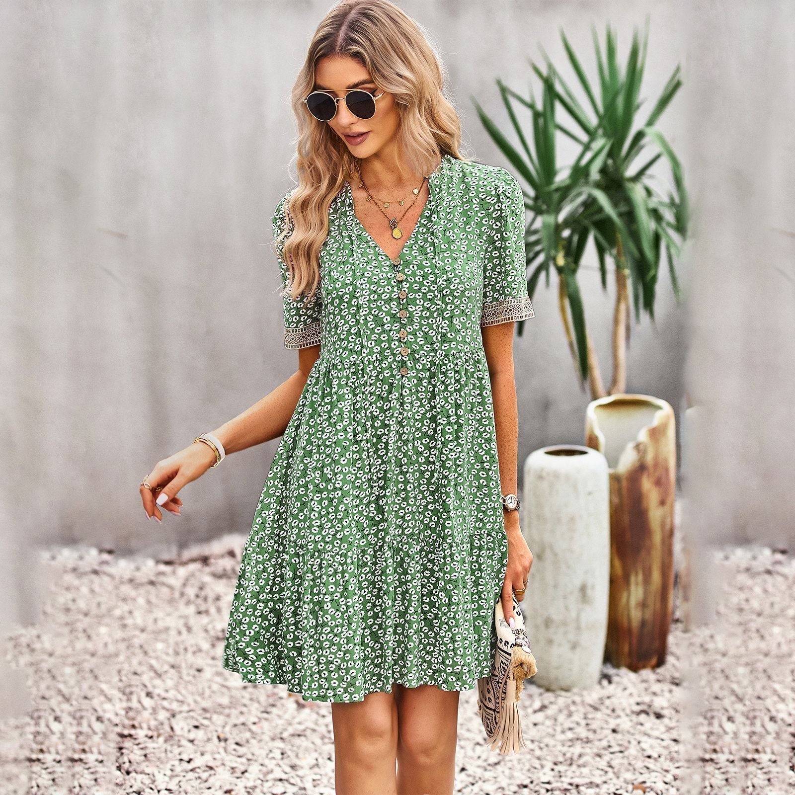 Lace Trim V-Neck Button Front Tiered Babydoll Mini Dress
