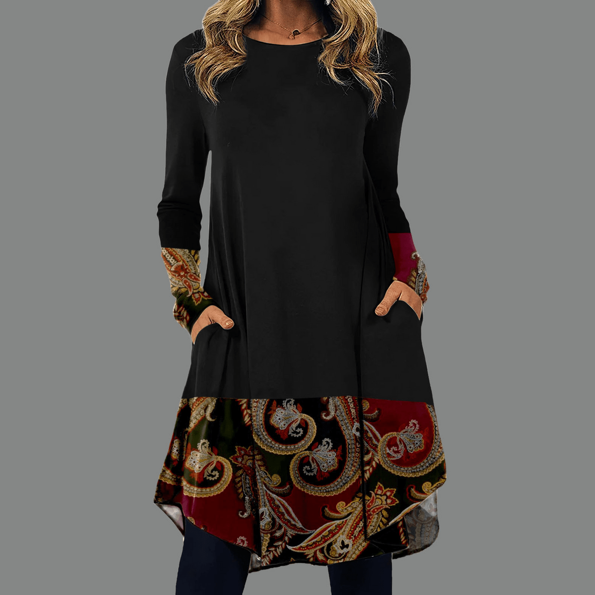Knit Paisley Border Cuff Hem Long Sleeve Pocket Swing Tunic Dress