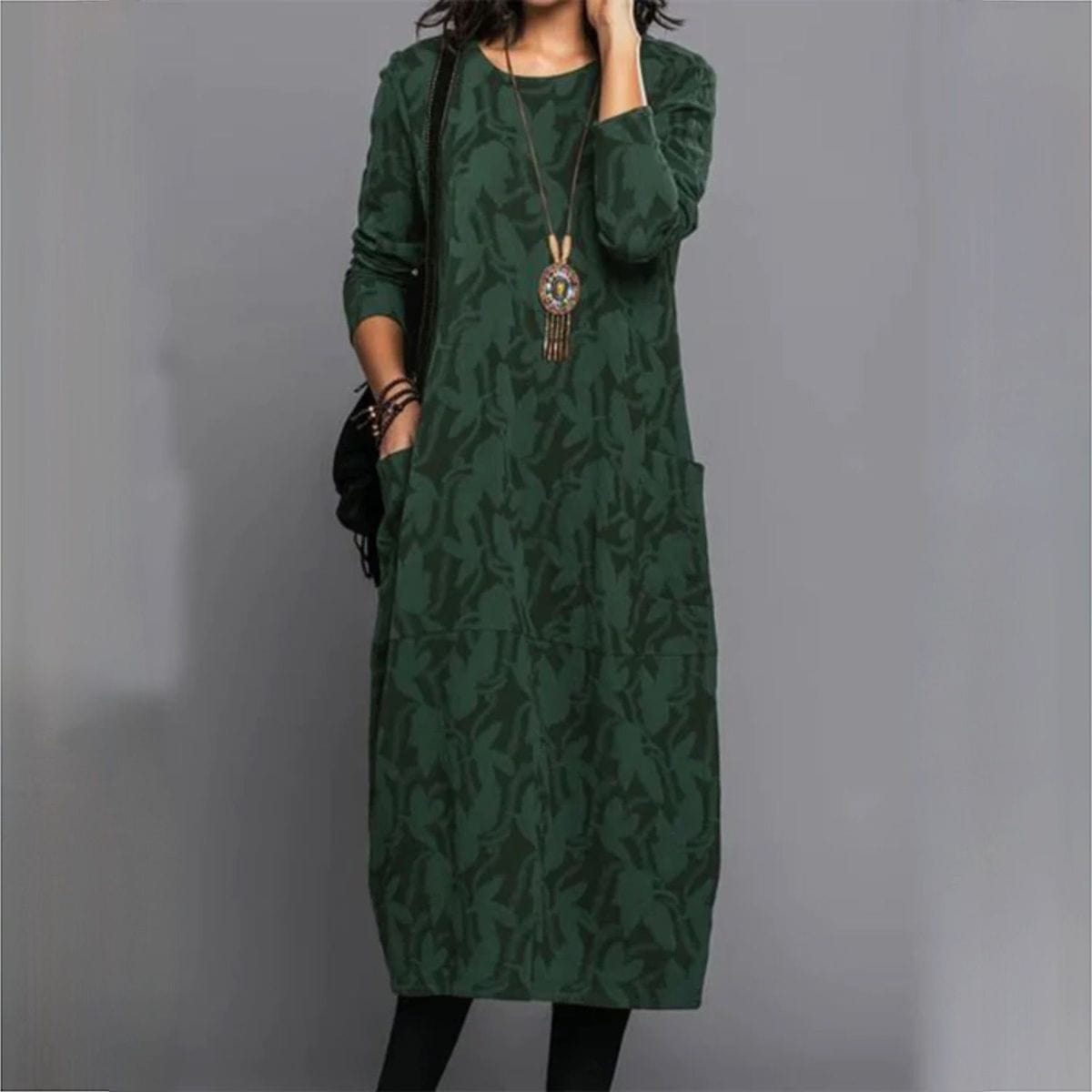 Botanical Print Long Sleeve Crew Neck Patch Pocket Summer Midi Dress