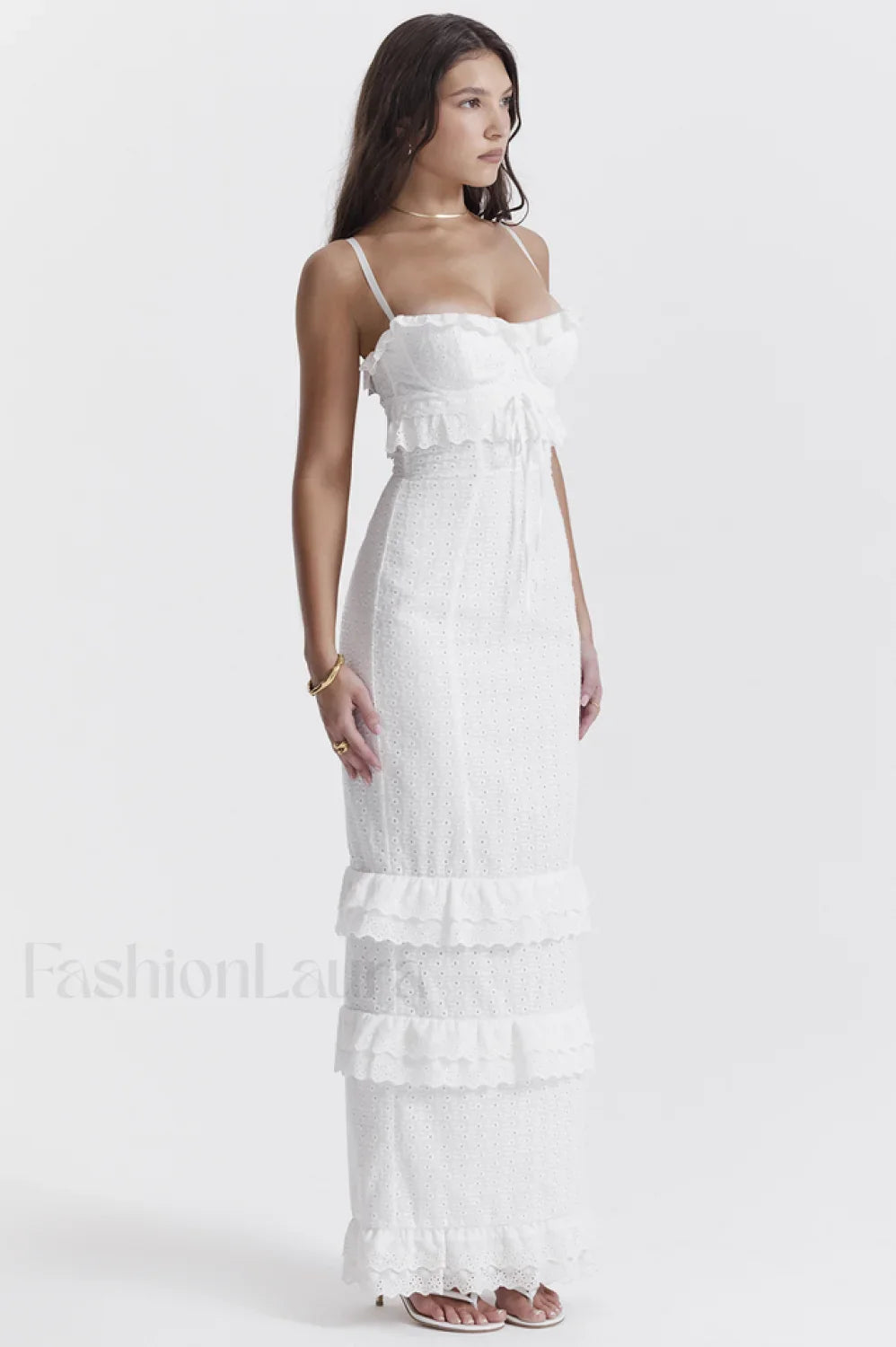 Eve White Stylish Broderie Maxi Dress