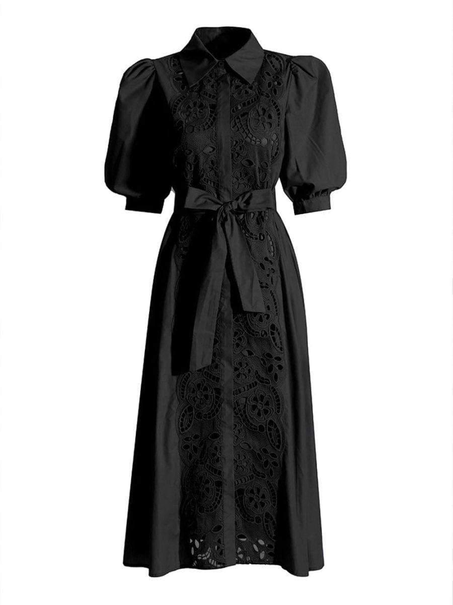 Eyelet Lace Panel Collared Puff Sleeve Belted Midi Shirt Dress