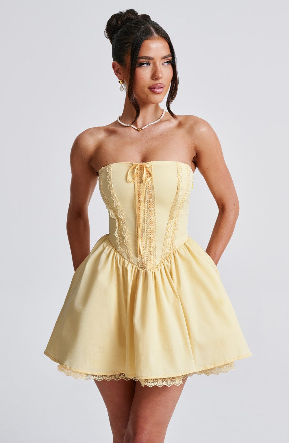Strapless Lace Trim Corset Bow Front Drop Waist Mini Dress 7
