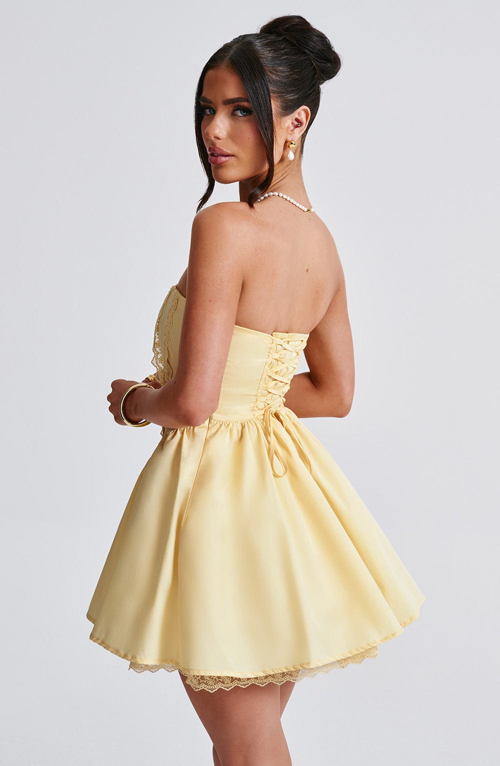 Strapless Lace Trim Corset Bow Front Drop Waist Mini Dress 6