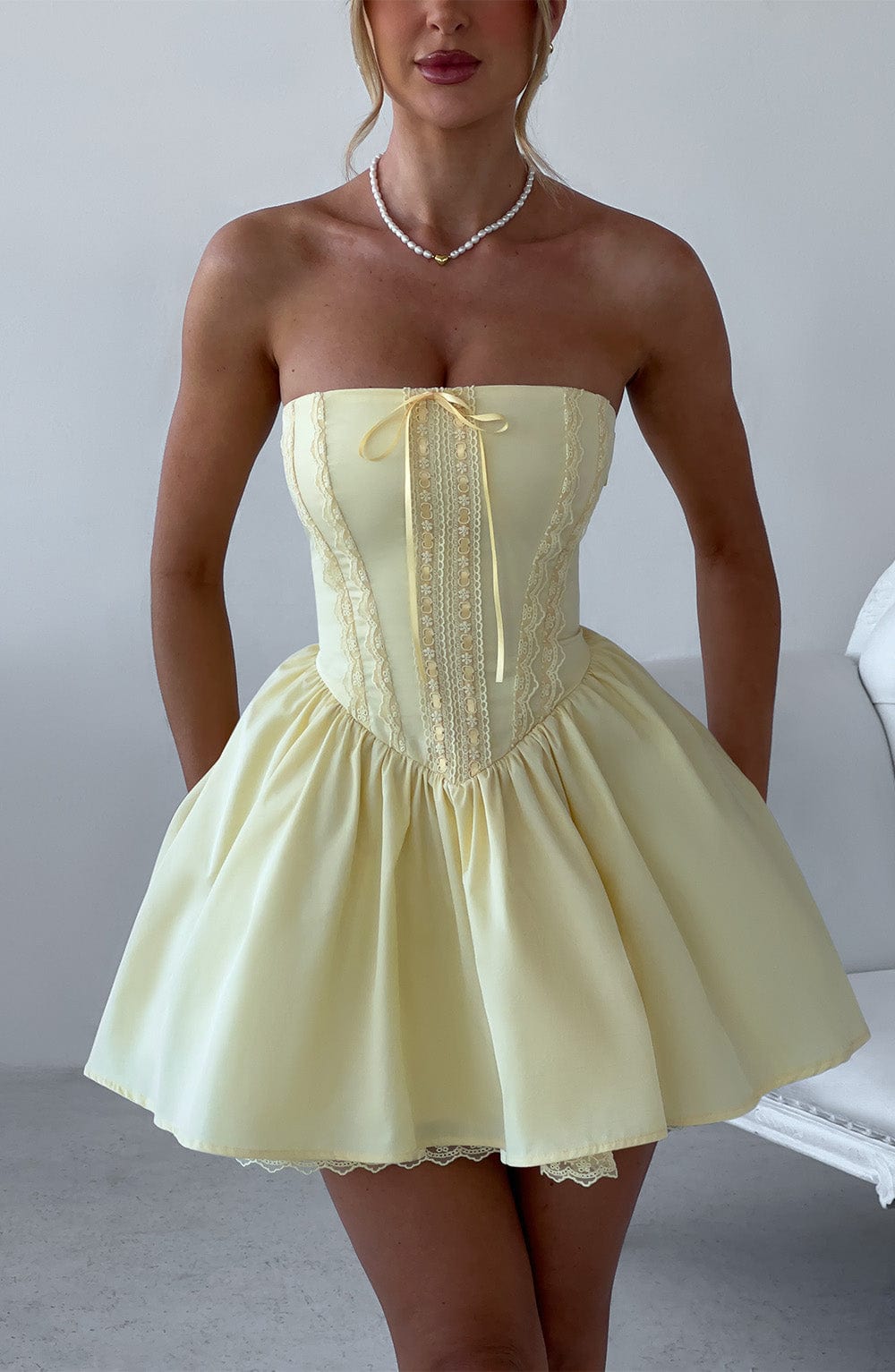 Strapless Lace Trim Corset Bow Front Drop Waist Mini Dress 2
