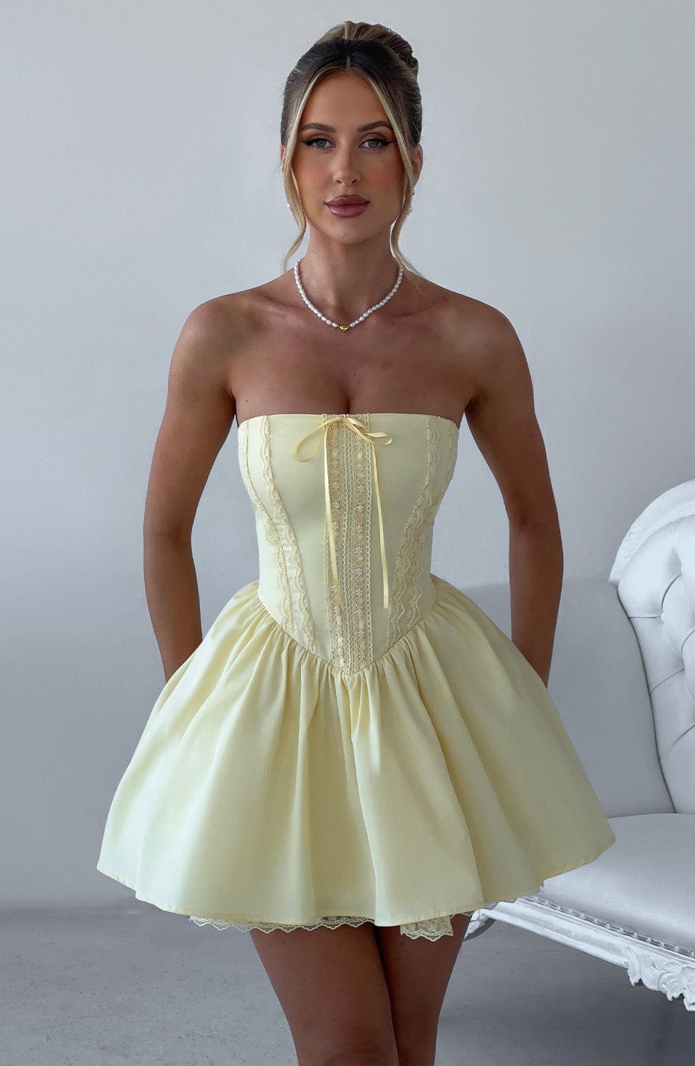 Strapless Lace Trim Corset Bow Front Drop Waist Mini Dress