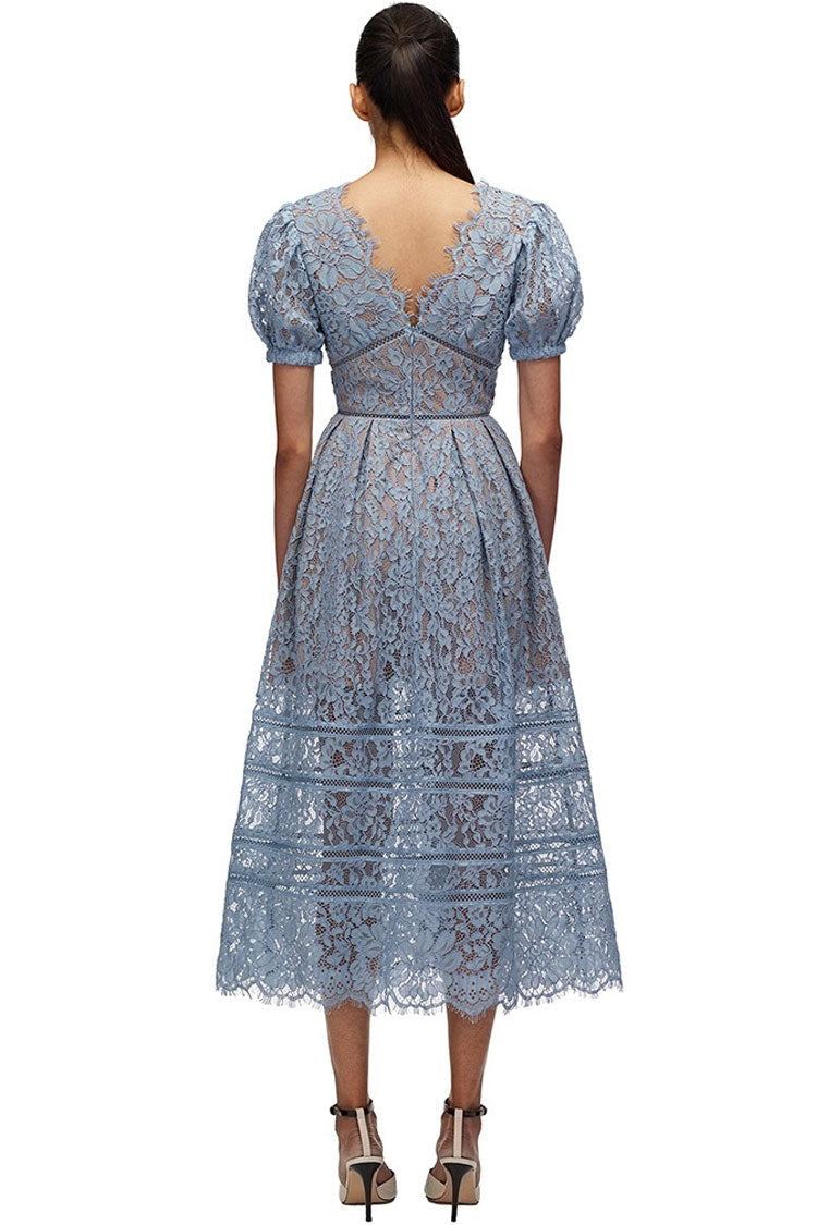 Eyelash V Neck Puff Sleeve French Lace A-Line Midi Dress - Sky Blue - View 2