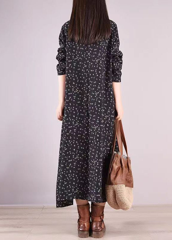 Floral Print Peter Pan Collar Lace Trim Button Front Long Sleeve Maxi Dress