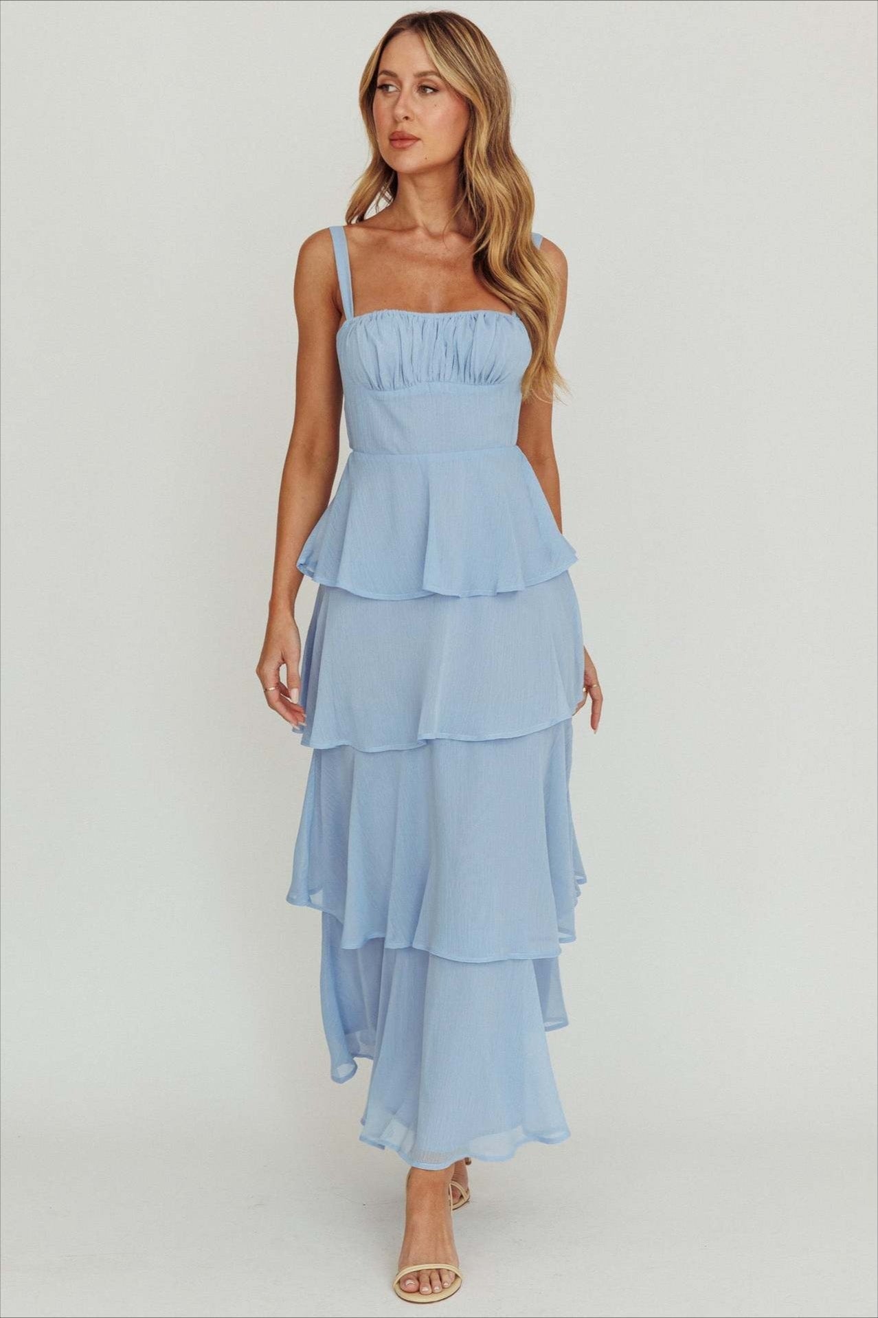 Spaghetti Strap Tiered Ruffle Backless Chiffon Maxi Dress