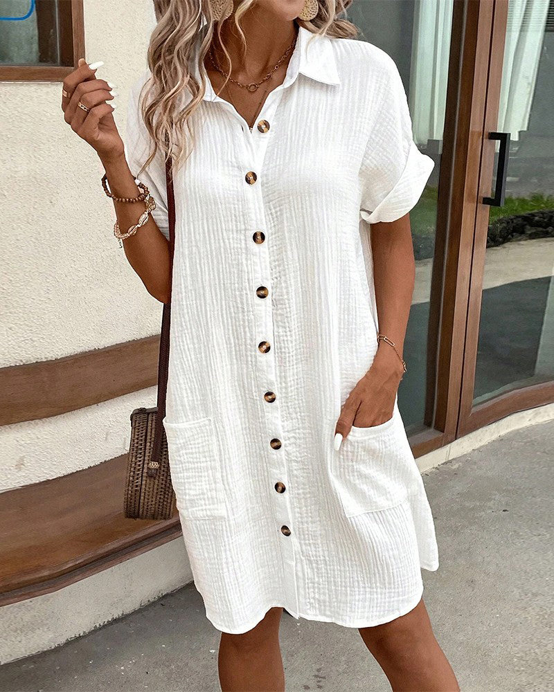 Crinkle Button Front Short Sleeve Pocket Shirt Dress