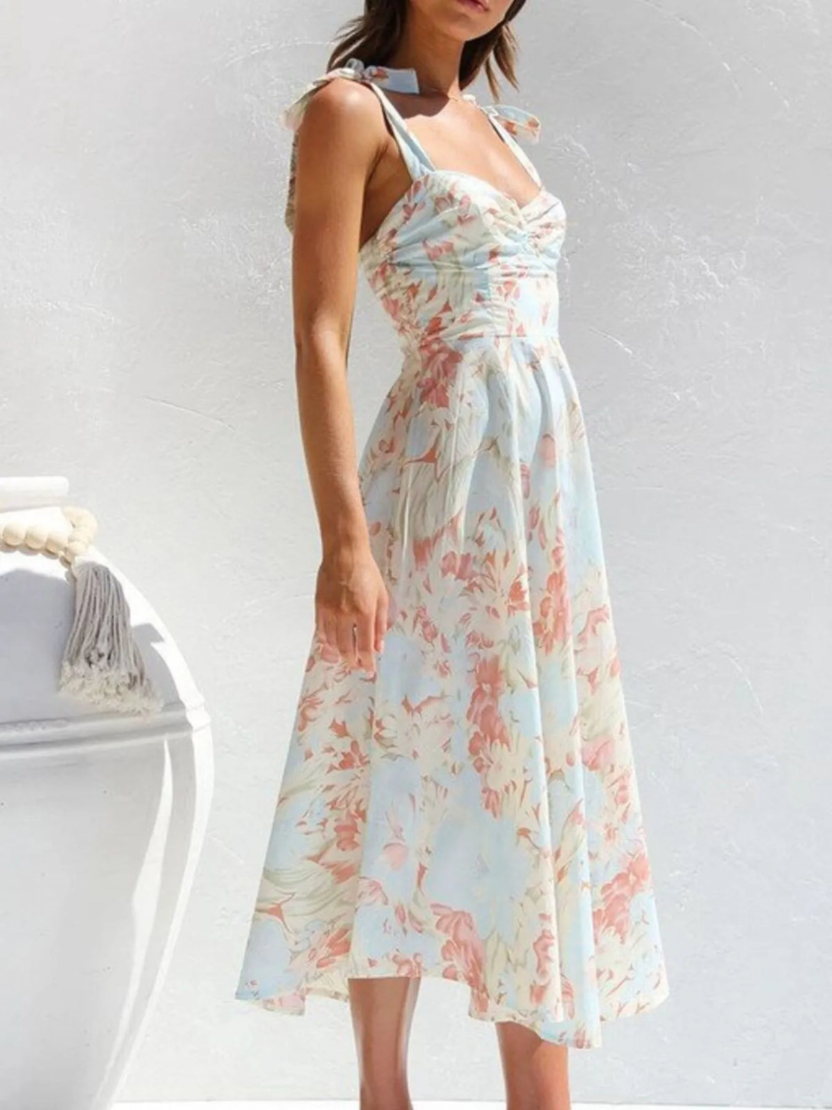 Floral Print Tie Shoulder Sweetheart A-Line Midi Dress 8