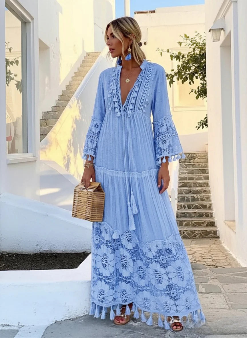Deep V-Neck Tassel Trim Lace Insert Bell Sleeve Tiered Drawstring Dress