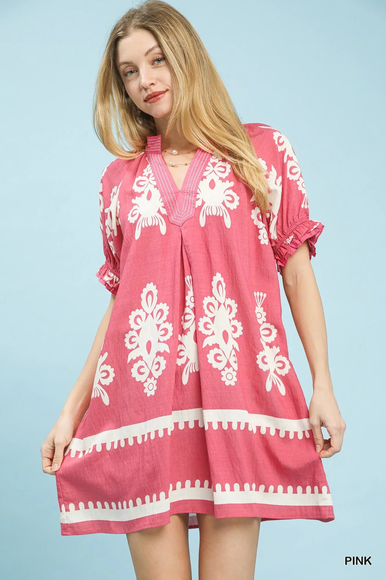 Umgee Two Tone Border Print Mini Dress PINK
