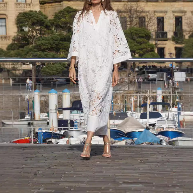 Eyelet Lace Long Sleeve Standing Collar Wide Hem Band Maxi Dress