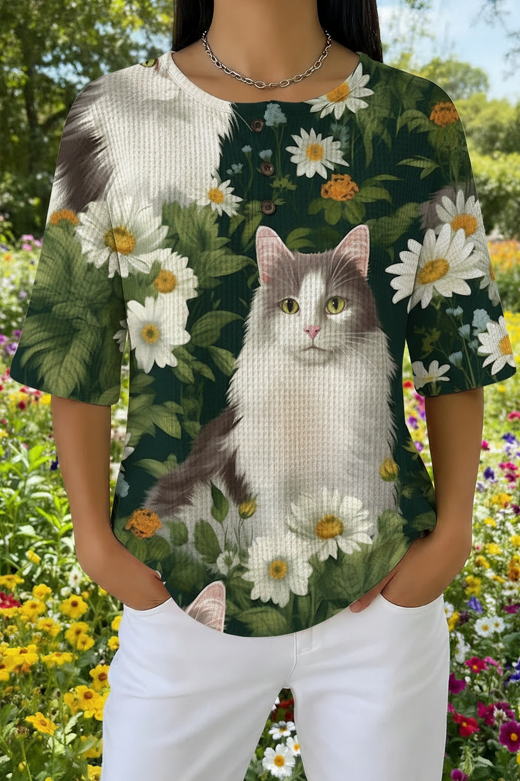 Womens Green Daisy White Cat Print Casual Shirt