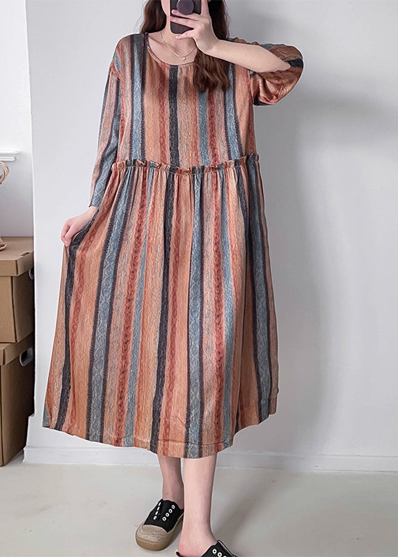 Vertical Stripe Round Neck Long Sleeve Empire Waist Oversized Midi Dress