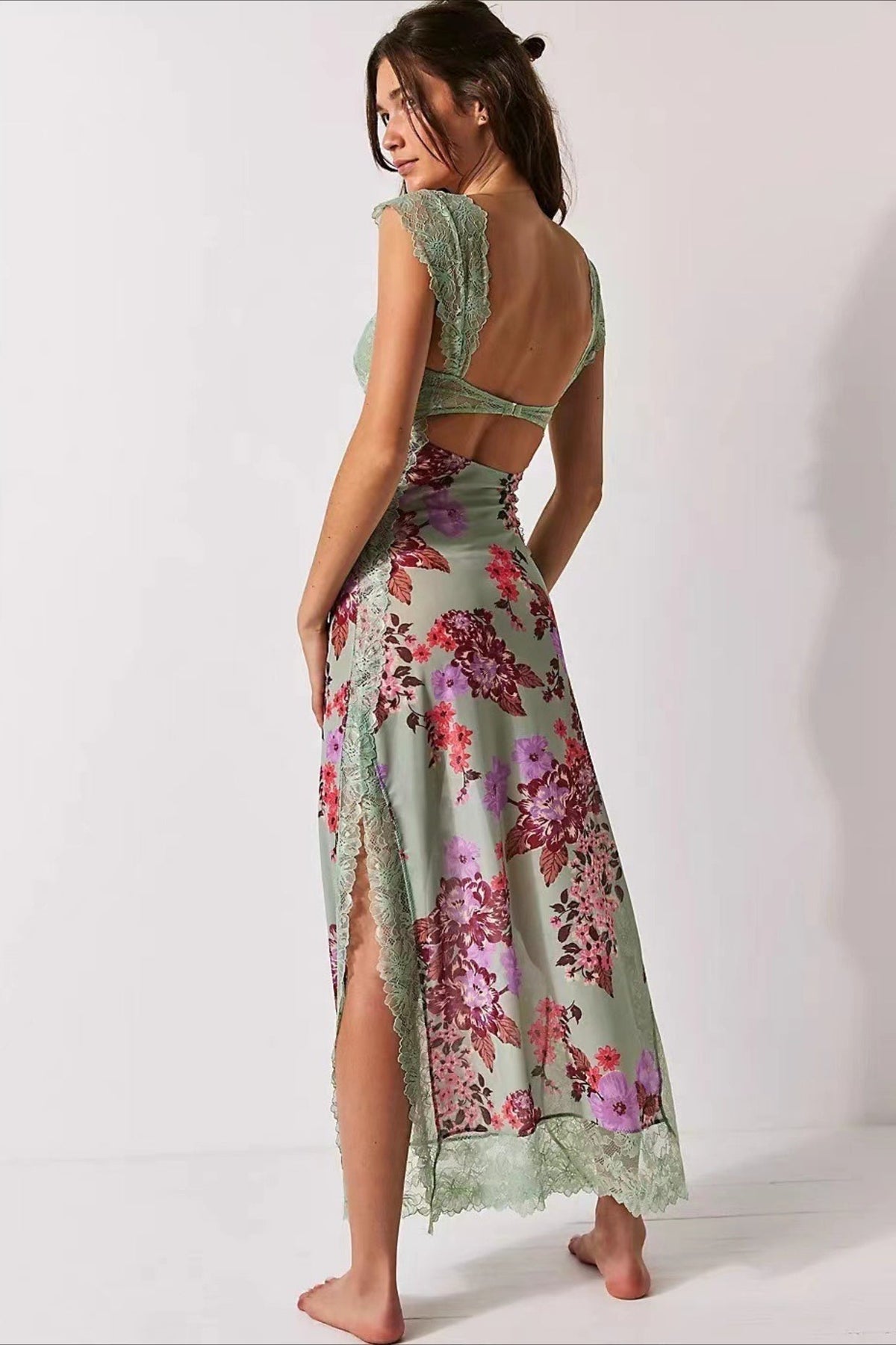 Lace Patchwork Strap Backless High Split Maxi Dress - View 2