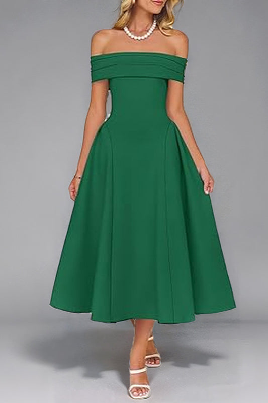 Off Shoulder Pleated Fit and Flare Midi Party Dress