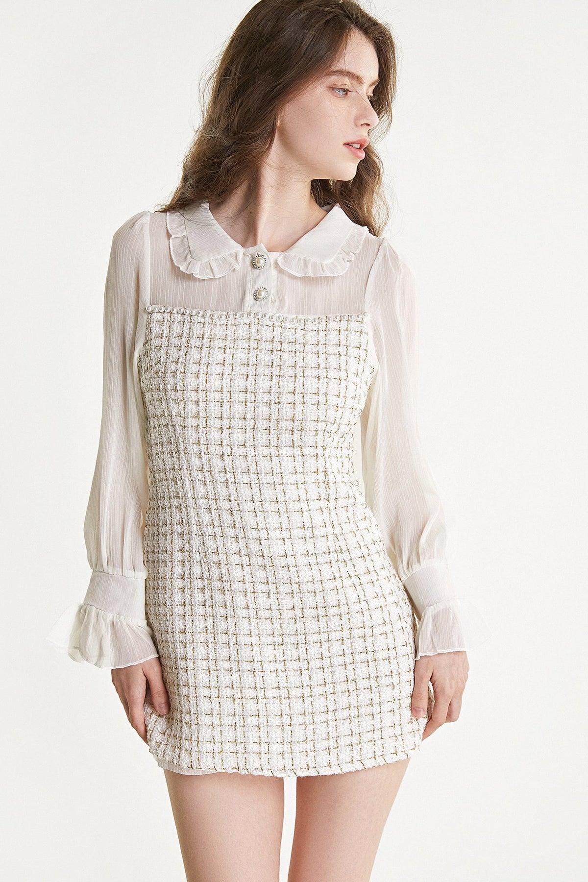 Tweed Ruffle Collar Sheer Long Sleeve Flared Cuff Mini Dress