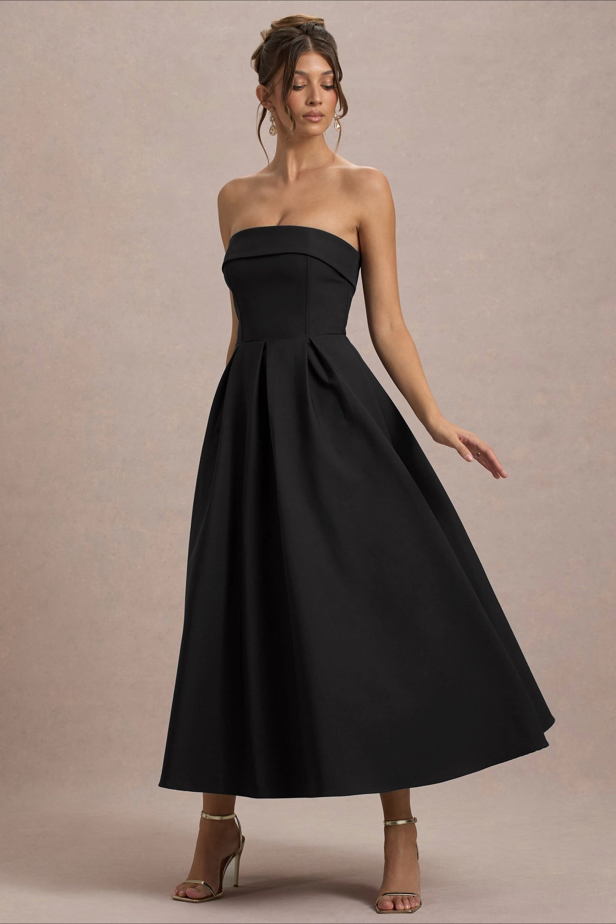Strapless Fold Over Neck Box Pleat A-Line Midi Cocktail Dress
