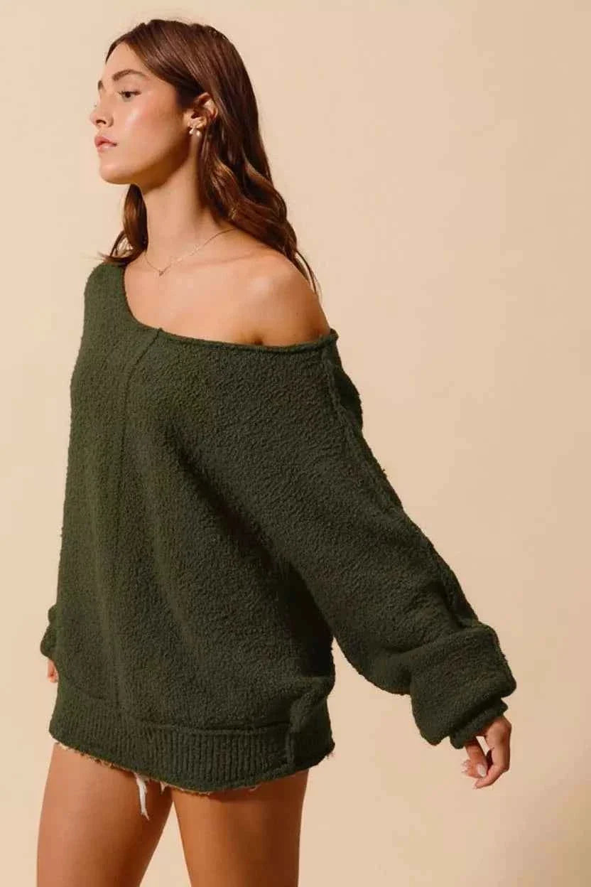 Exposed Seam Wide Neck Slouchy Oversized Knit Sweater 2